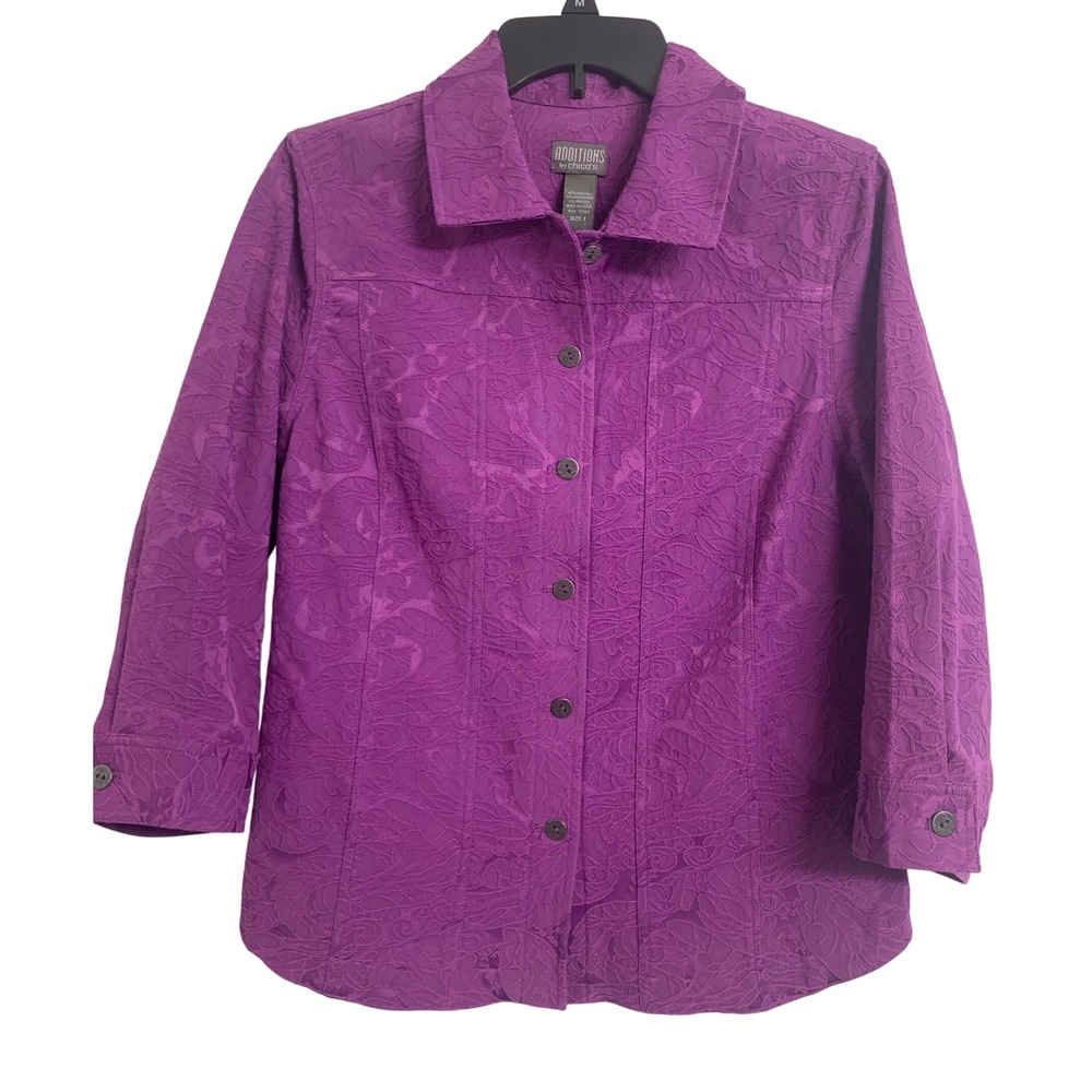 Chicos Purple Embroidered Tapestry Jacket GrandmaCore Button Down Size 1 M